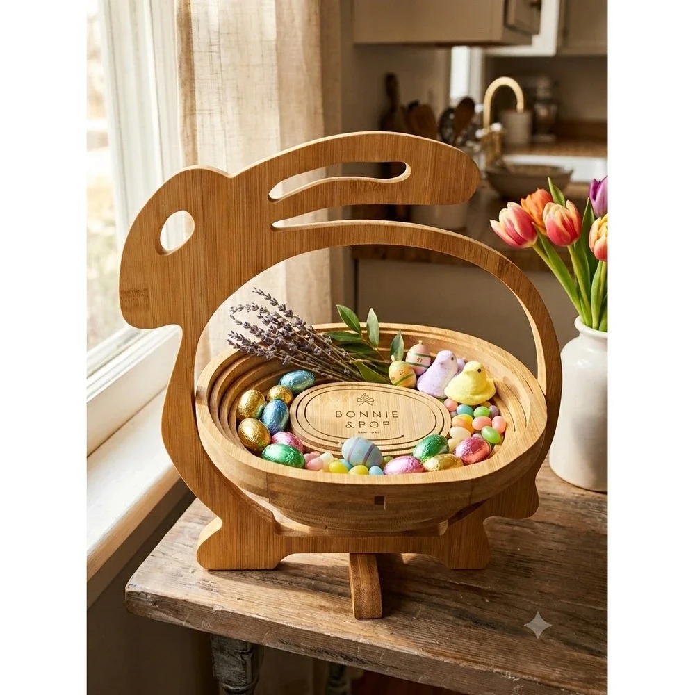 Bonnie &‎ Pop Bamboo Bunny Rabbit Collapsible Fruit Basket Trivet Cutting Board